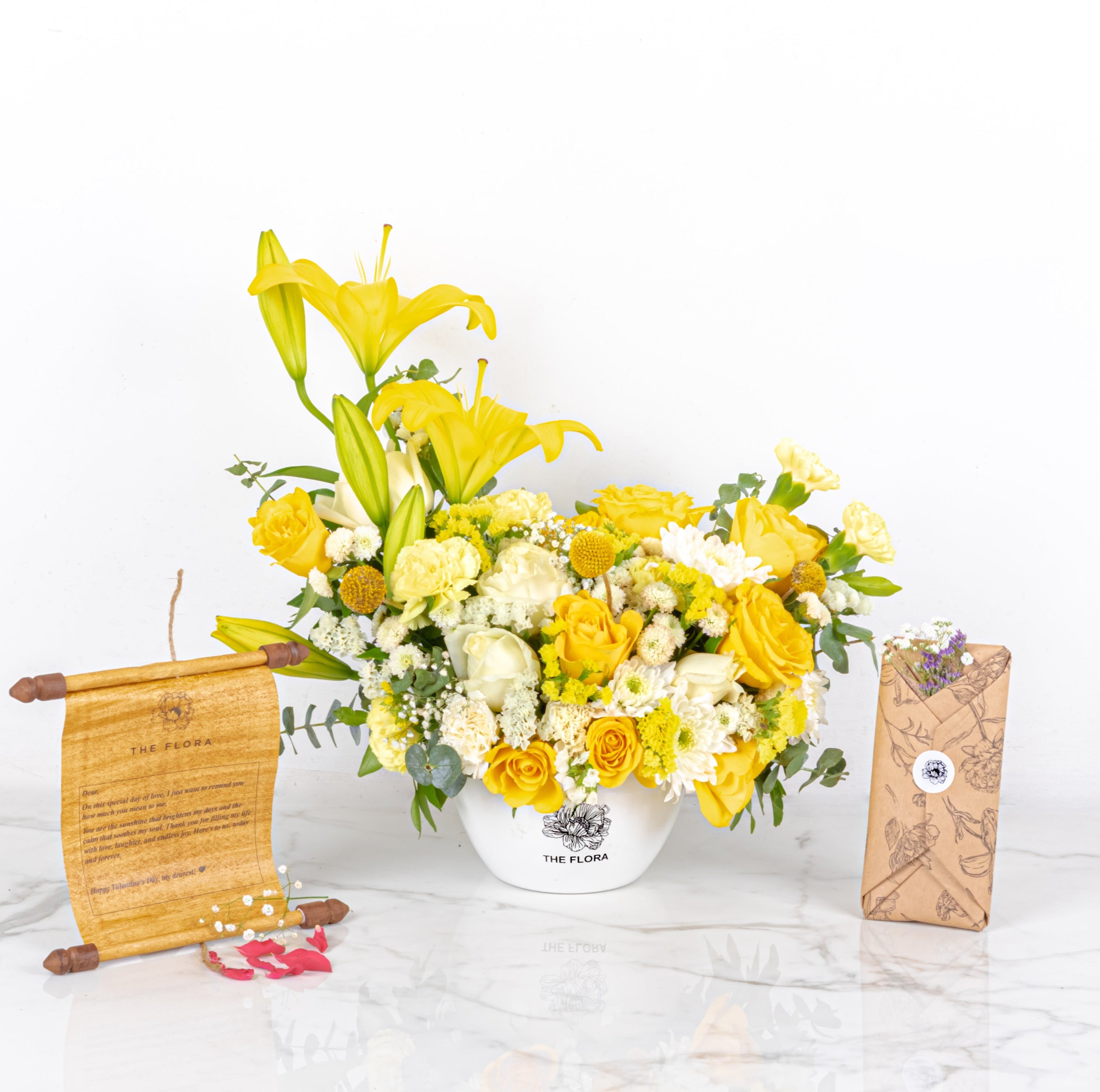 Moment of Joy: Mother's Day Special floral pot arrangement with Scroll Message & Twin Chocolates