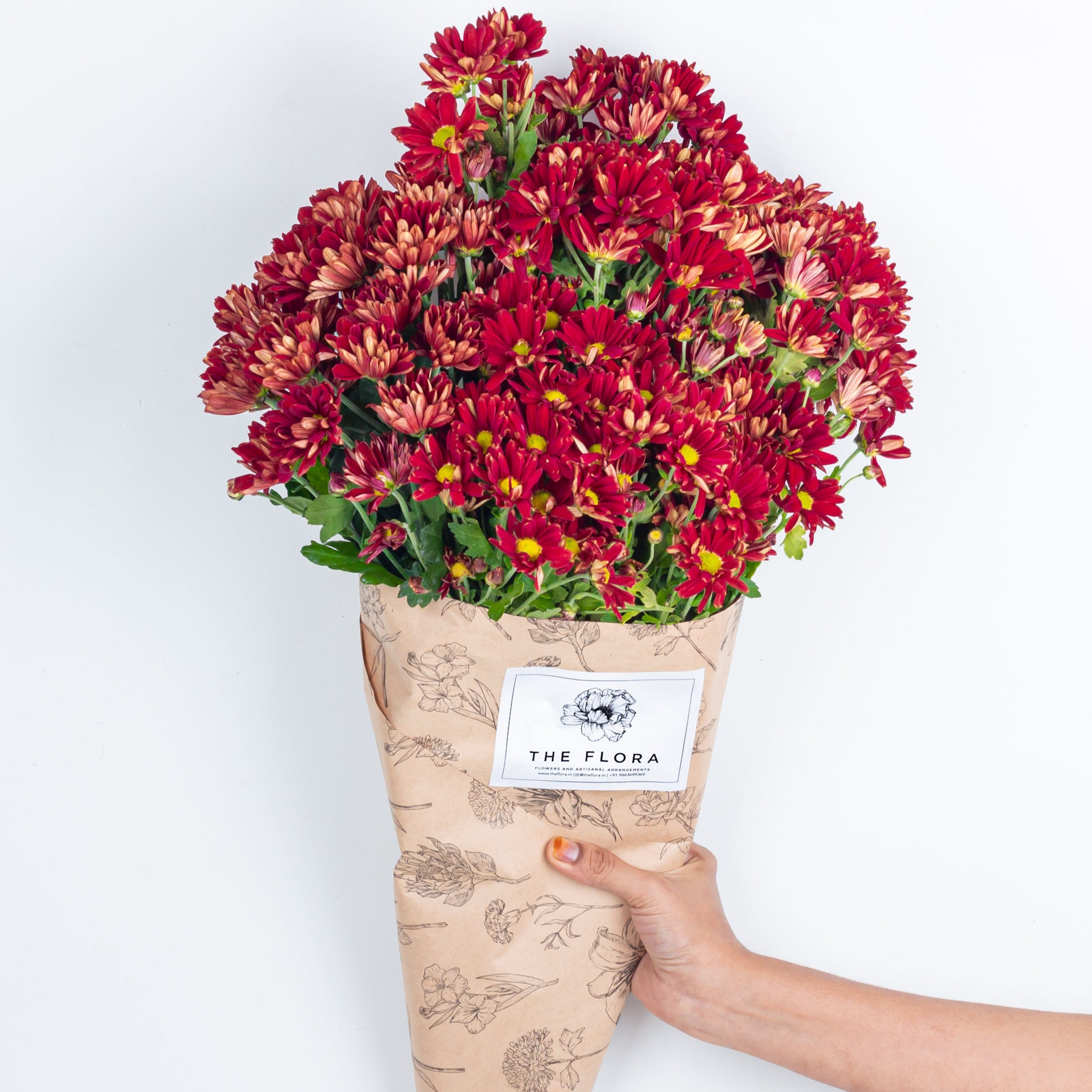 Bouquet of red Santini Chrysanthemums r with 'The Flora' label, held by a hand Online cut flowers n sustainable packaging from www.theflora.in