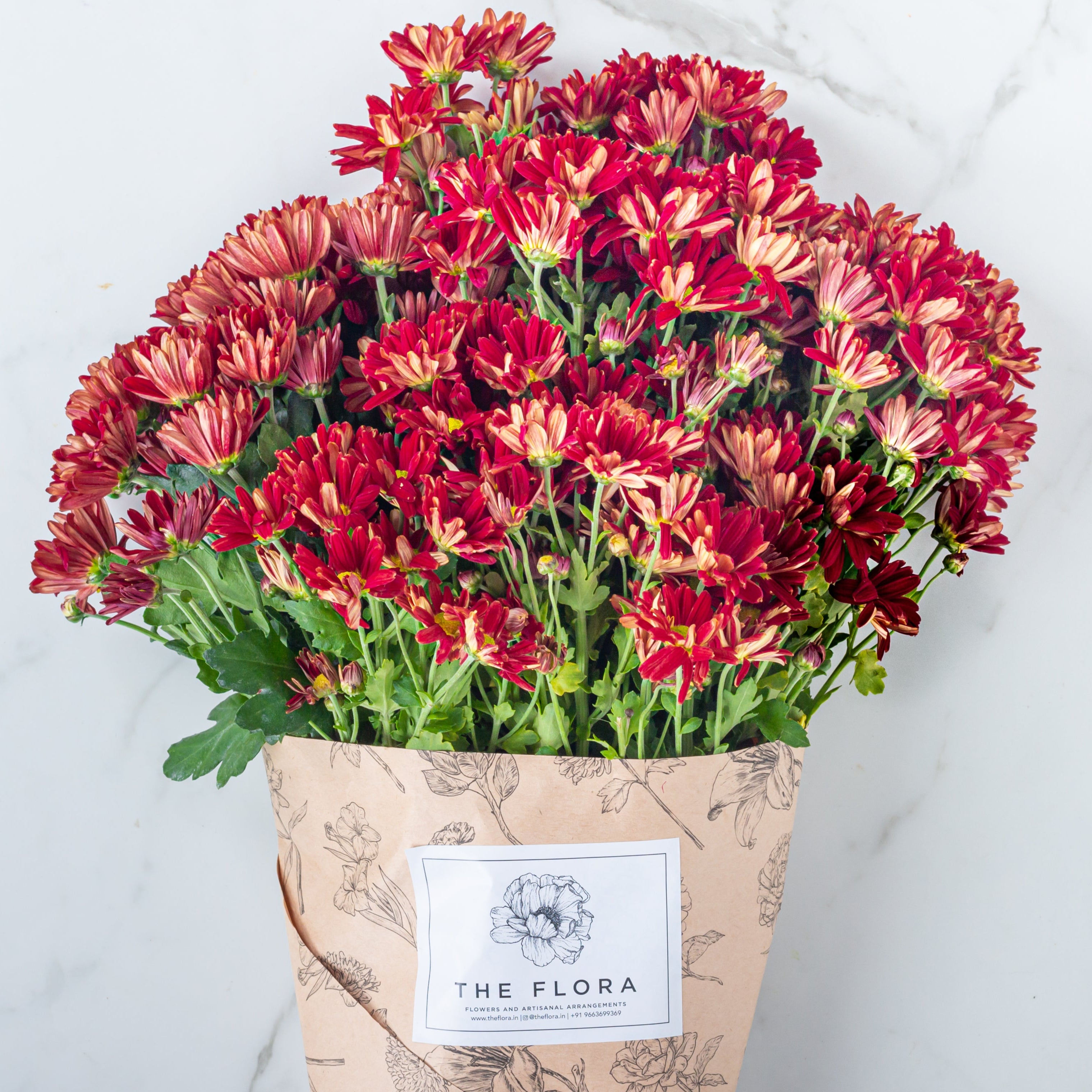 Bouquet of red Santini Chrysanthemums wrapped i paper with 'The Flora' . Online cut flowers n sustainable packaging from www.theflora.in