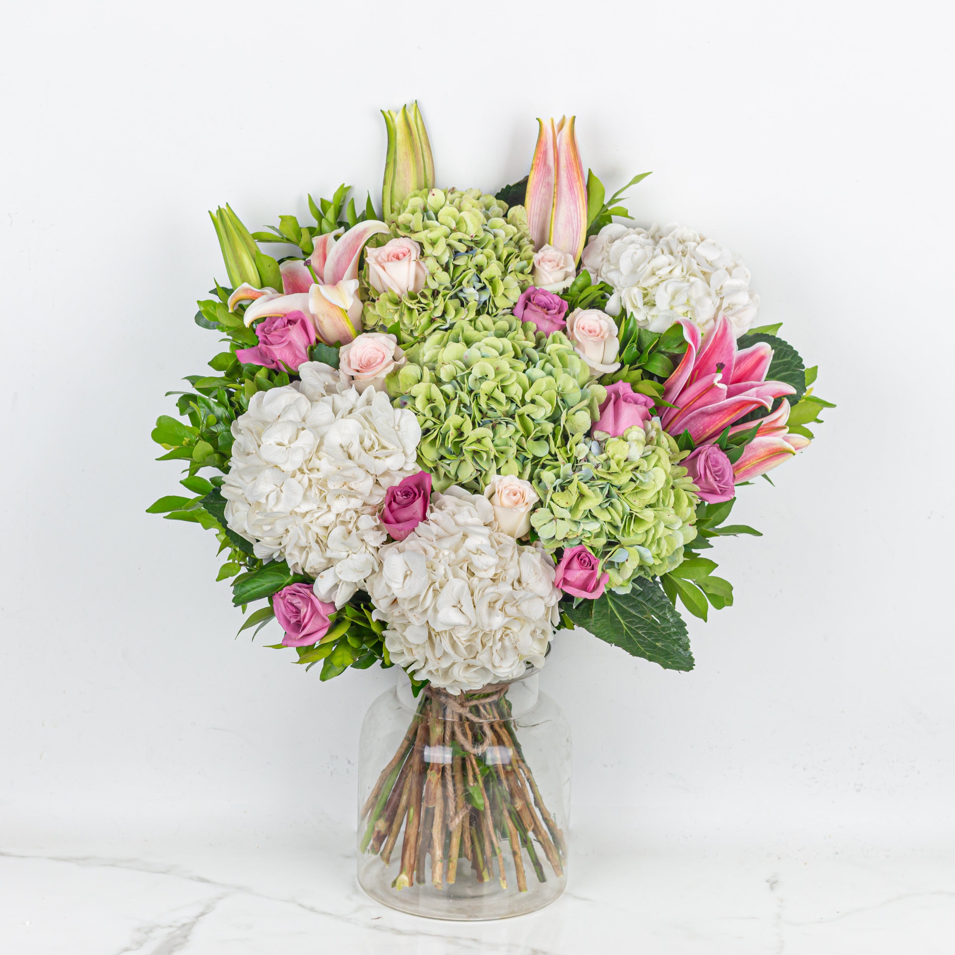 Evergreen Romance Bouquet Hydrangeas Roses Lilies - Flower Arrangement - Bangalore - The Flora