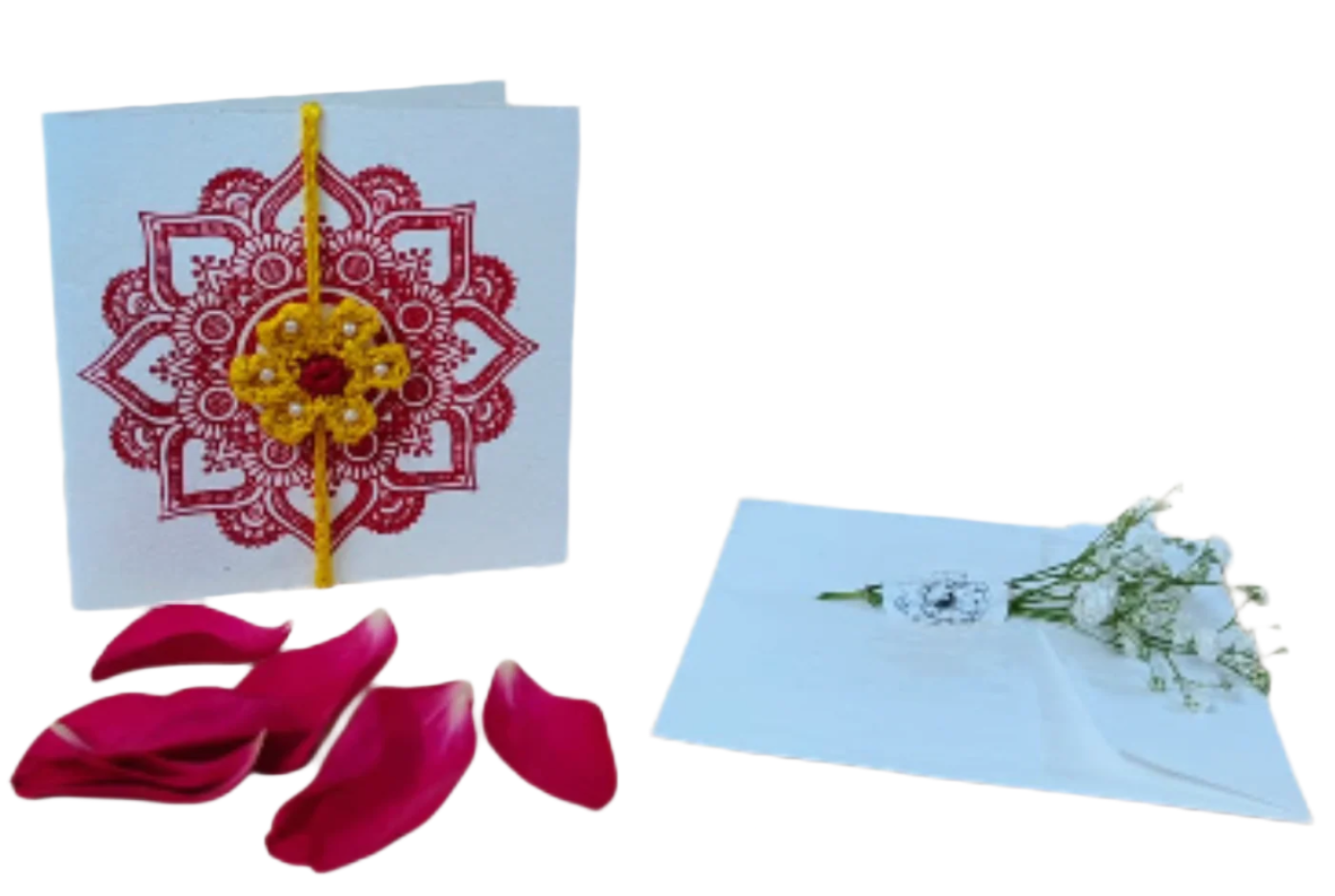 Rakhi with Greeting card in red floral design in floral envelope with petals
