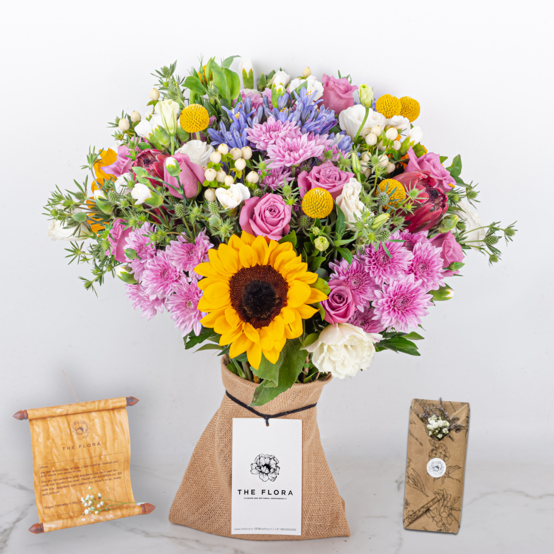 Exotic Grandeur: Women's Day Special Bouquet with Scroll Message & Twin Chocolates