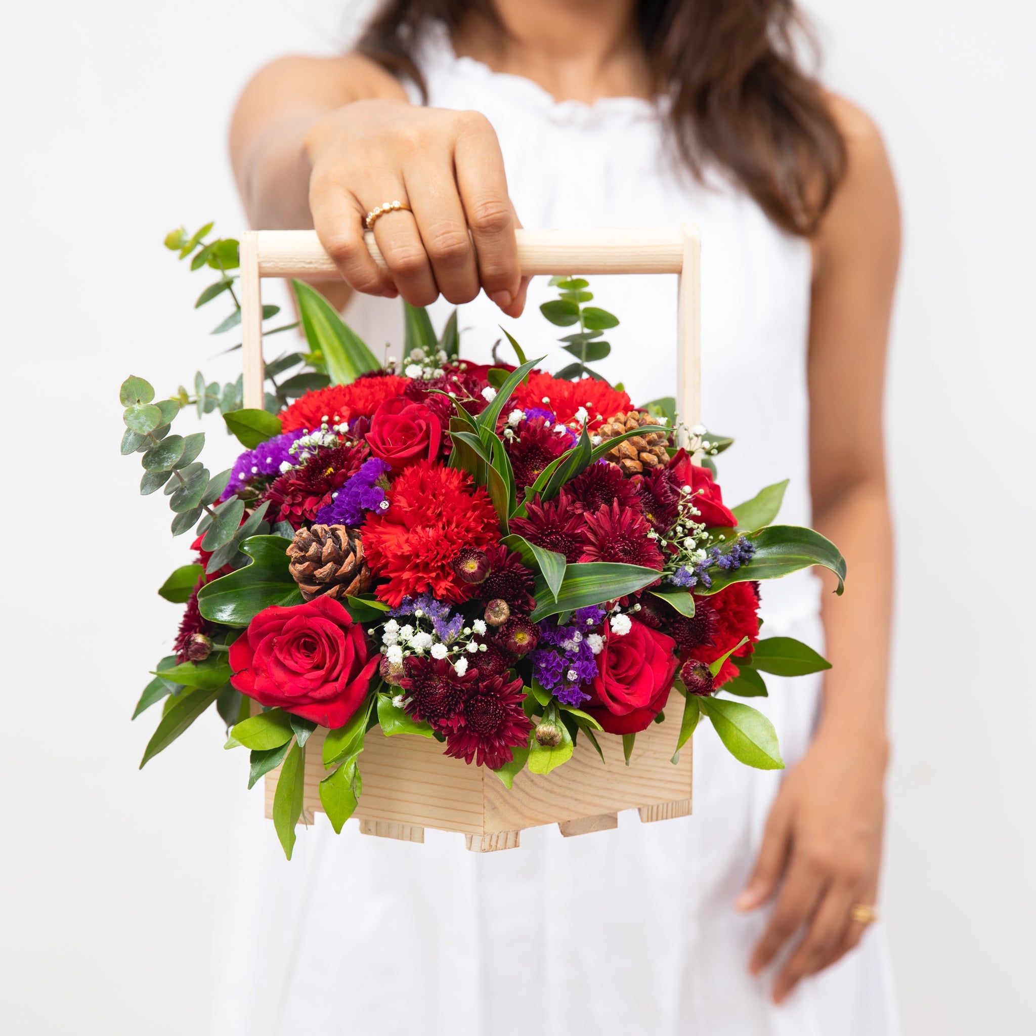 Lady In red: Mother's Day Special Basket with fragrant heart candles & Twin Chocolates //Delhi