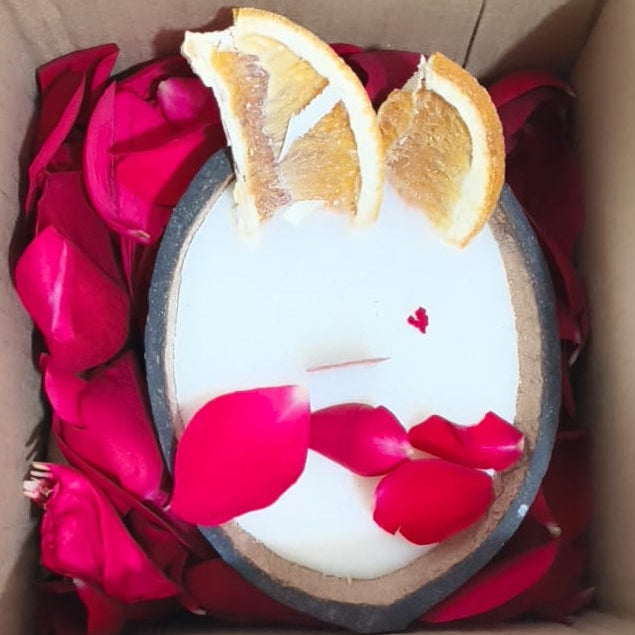 Handcrafted Fragrant Wooden Wick Orange candle in Coconut shell//Bangalore
