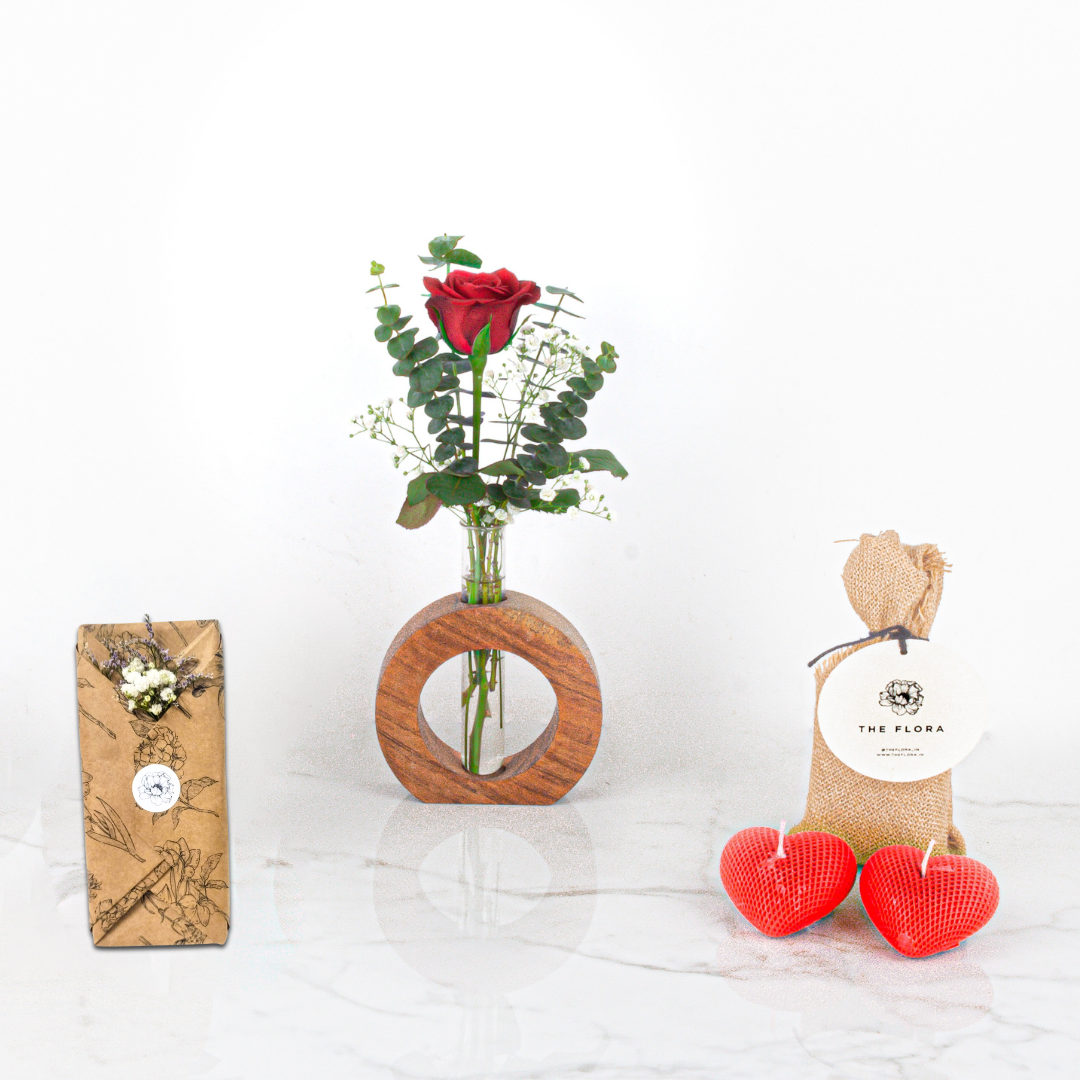 OneLove Wonder: Mother's Day Special Rose in a Wooden Stand with fragrant heart candles & Twin Chocolates //Delhi