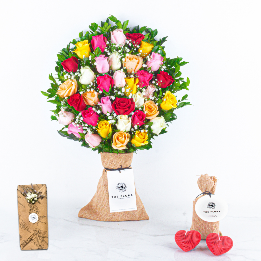 Rosy Embrace: Mother's Day Special Bouquet with fragrant heart candles & Twin Chocolates //Delhi