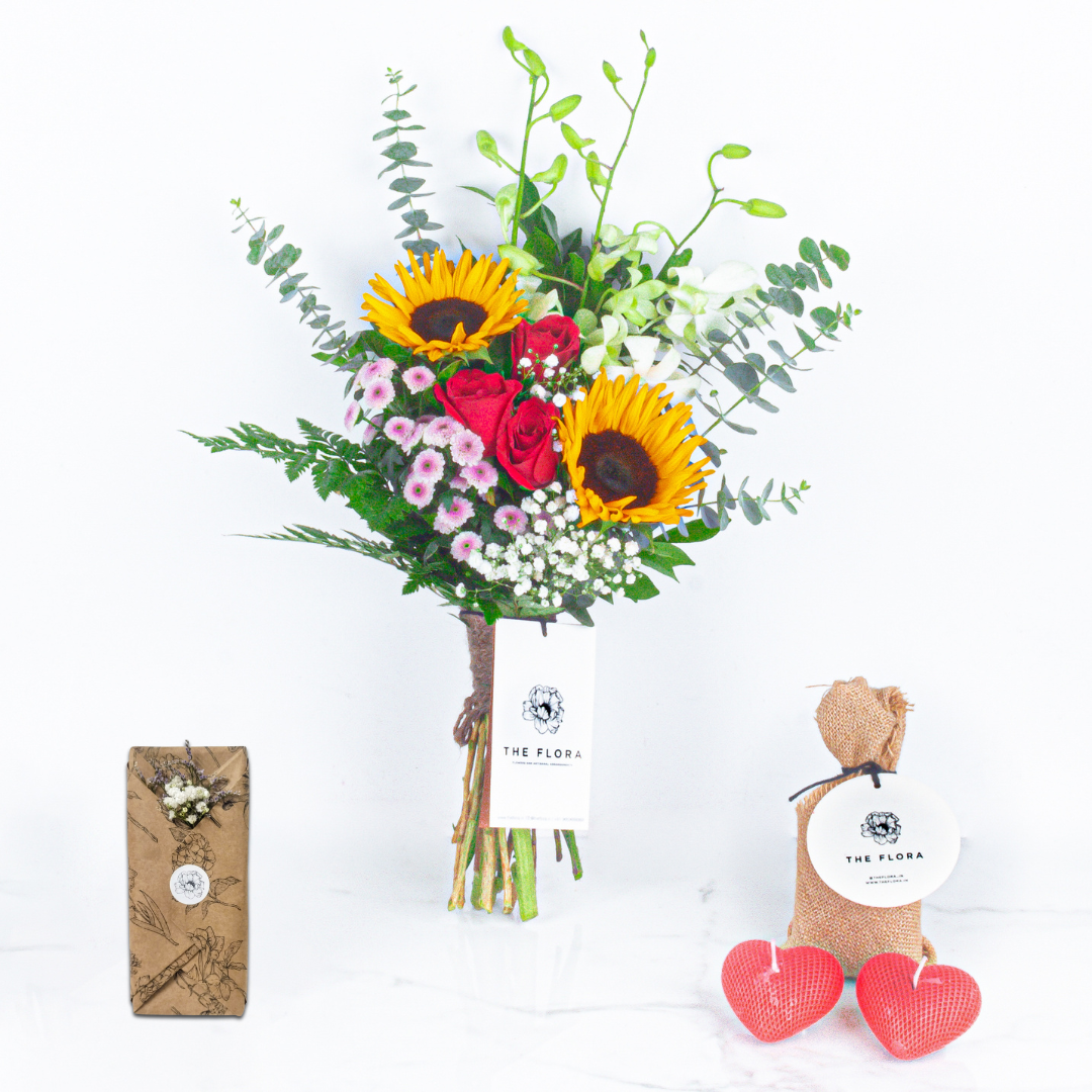 Sunny Sentiments: Mother's Day Special Bouquet with fragrant heart candles & Twin Chocolates //Delhi