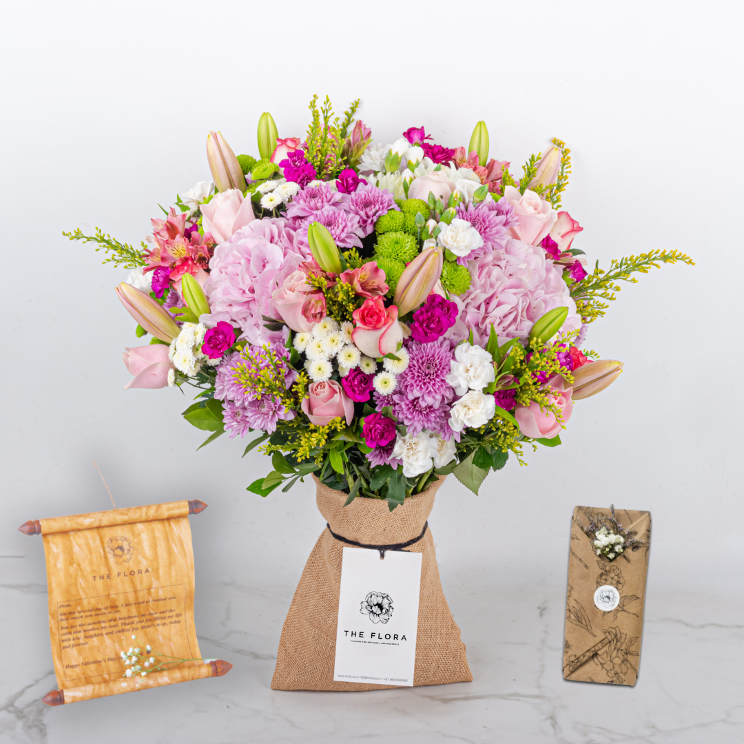 Blush Serenade: Women's Day Special Bouquet with Scroll Message & Twin Chocolates