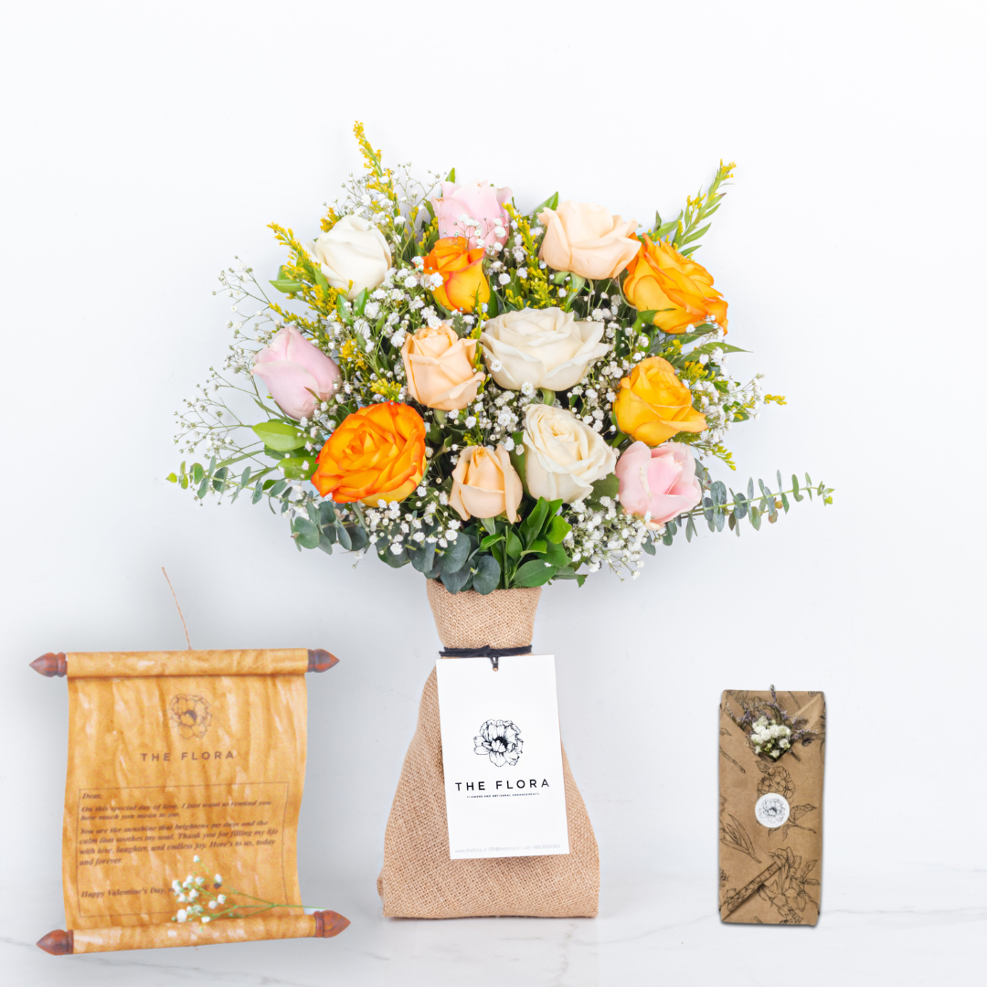 Amber Embrace: Women's Day Special Bouquet with Scroll Message & Twin Chocolates