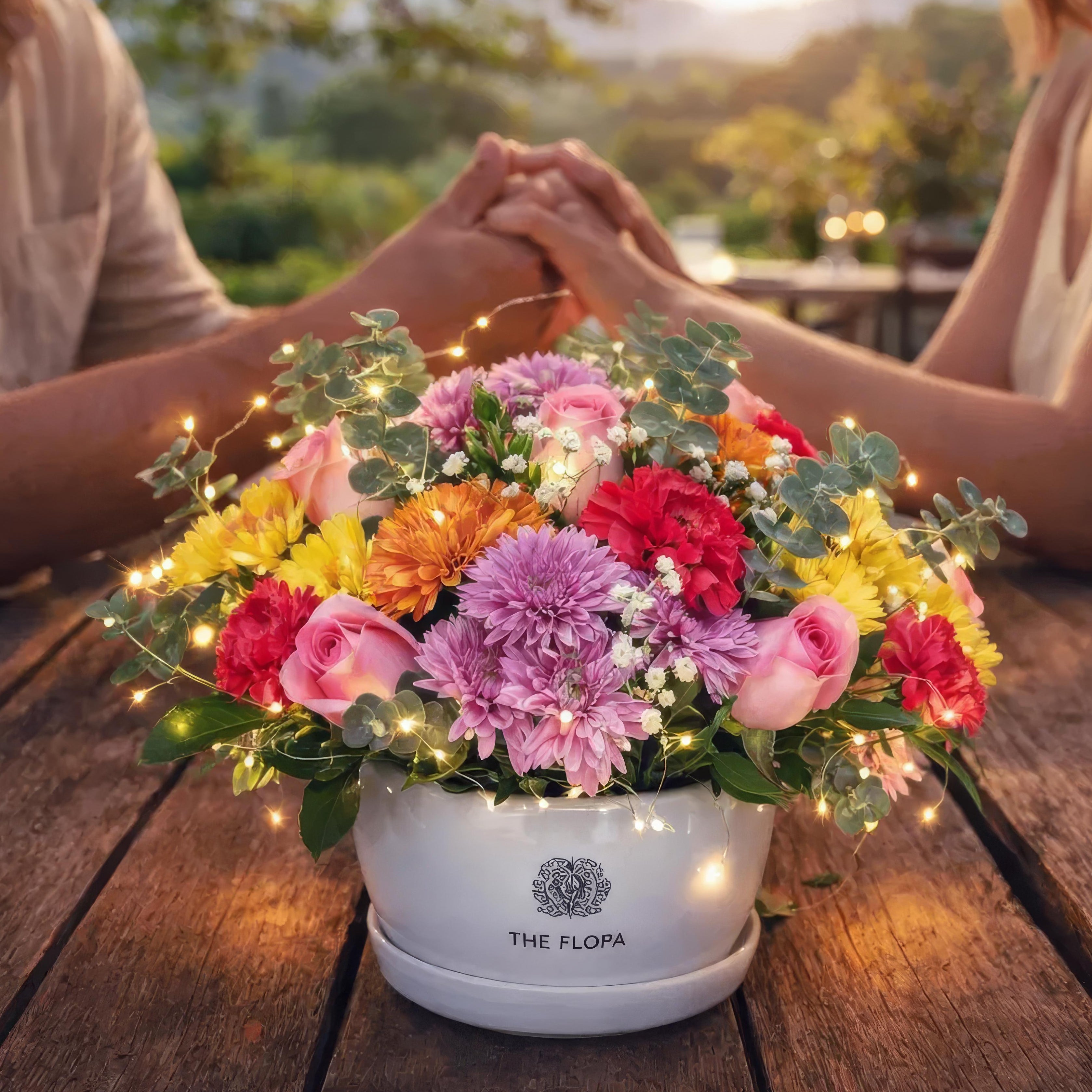 Rainbow Rhapsody flower arrangement in a metal pot comprising roses carnations chrysanthemums Bangalore delivery