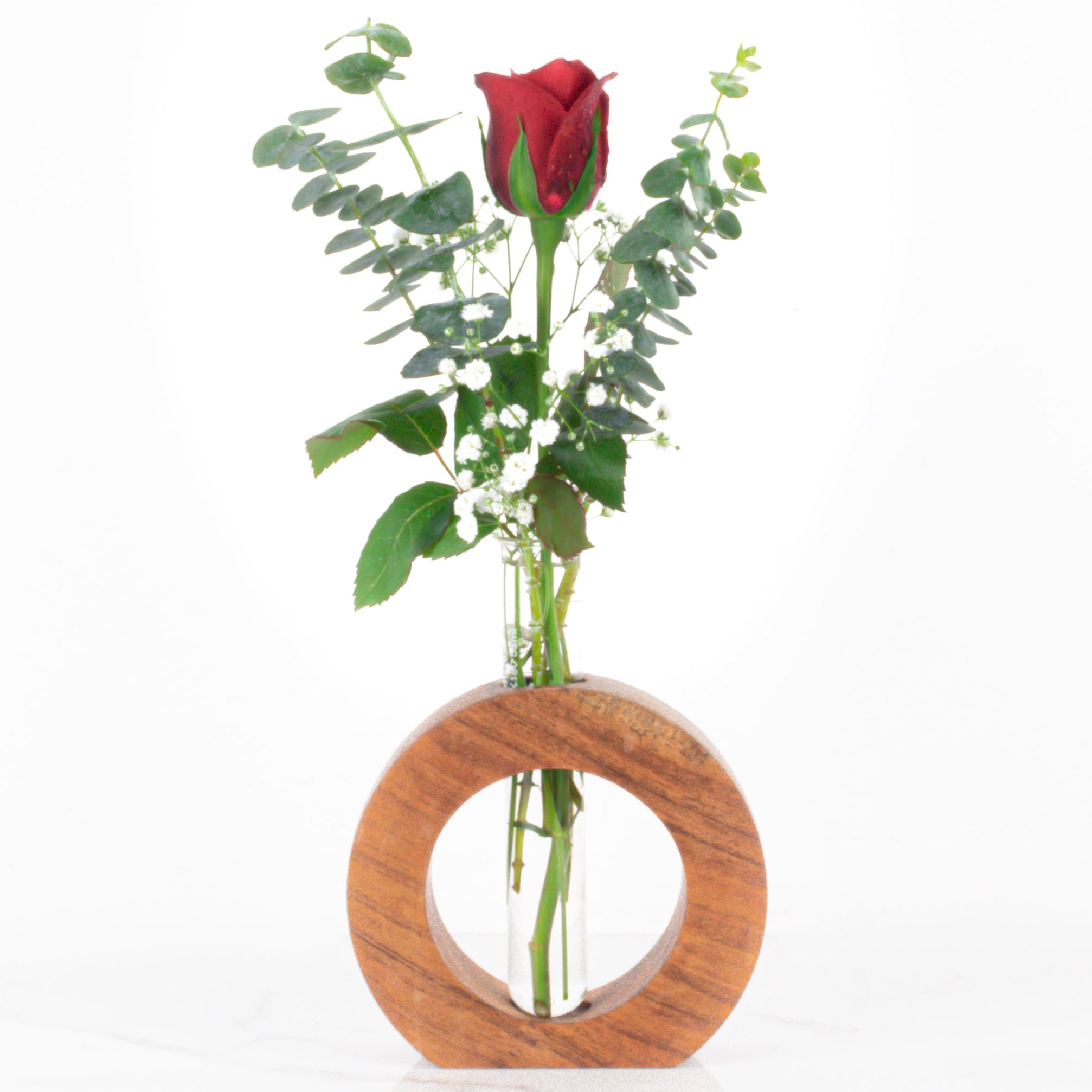 OneLove Wonder: Valentine’s Special Rose in a Wooden Stand with Scroll Message & Heart Candles