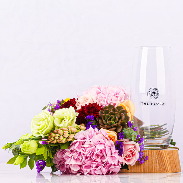 Passion Palette (with glass vase) Bouquet - Bouquet of pink hydrangeas, tuberose, and lisianthus in a glass vase - The Flora