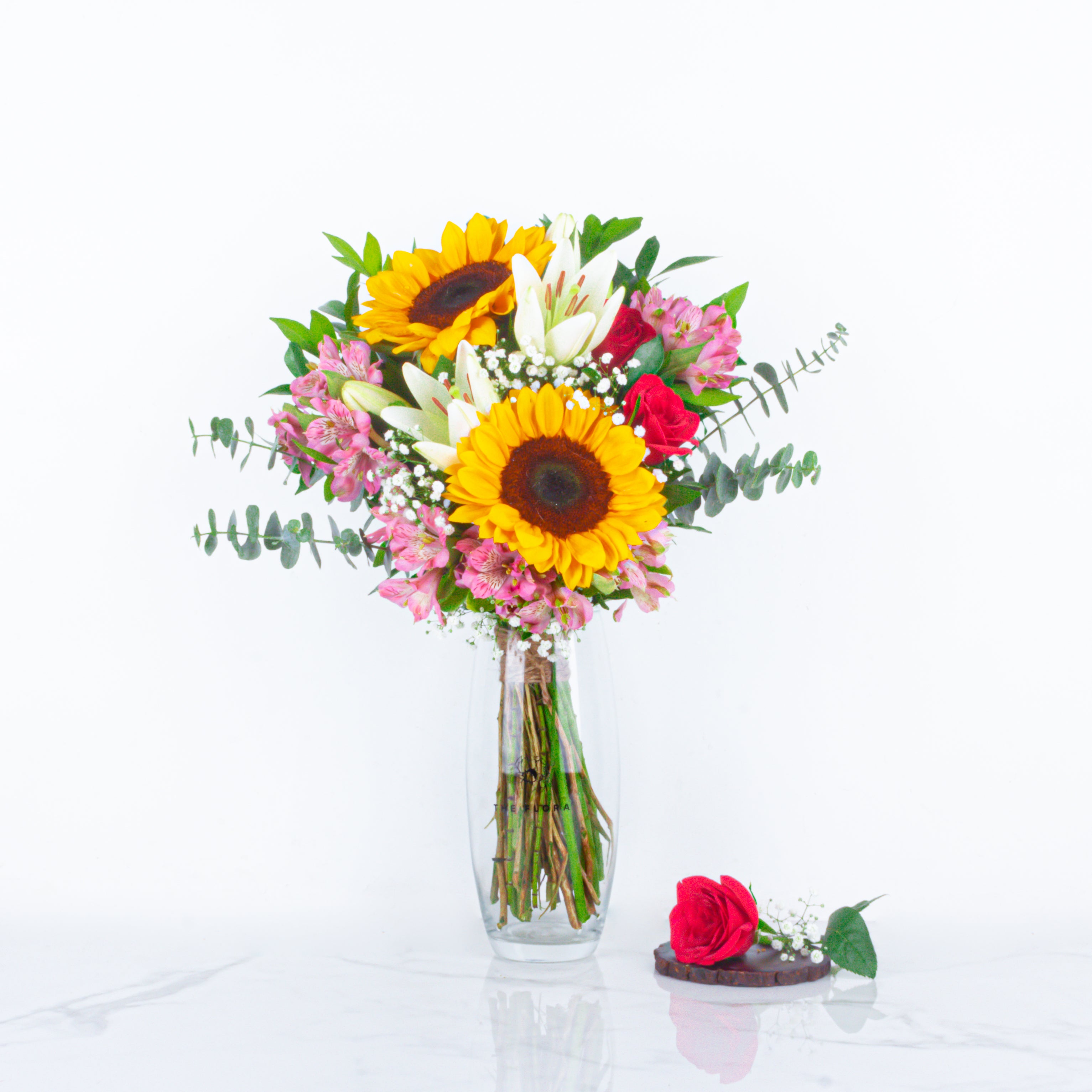 Sunlit Romance: Valentine’s Special Bouquet in Vase with Scroll Message & Heart Candles