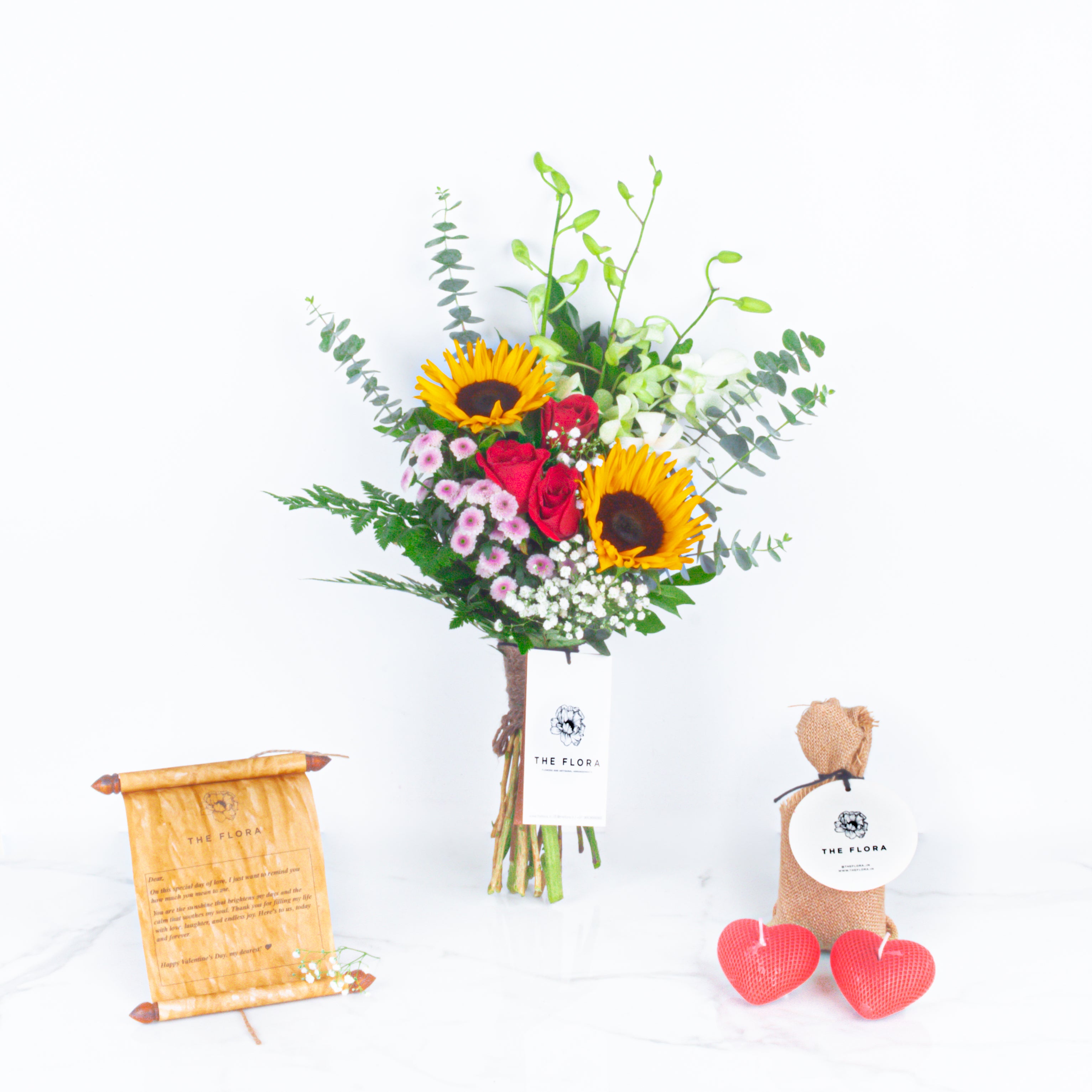 Sunny Sentiments: Valentine’s Special Bouquet with Scroll Message & Heart Candles