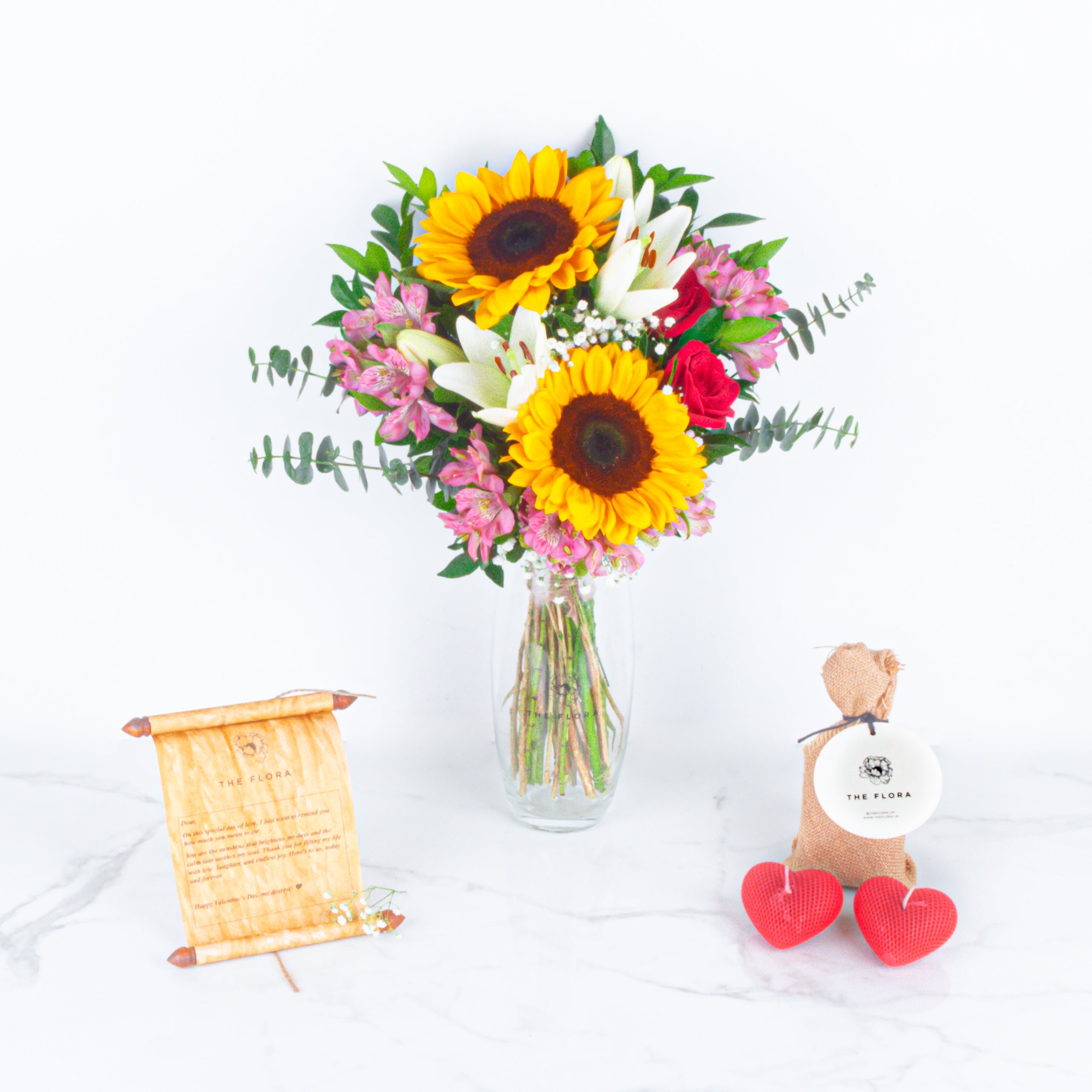 Sunlit Romance: Valentine’s Special Bouquet in Vase with Scroll Message & Heart Candles