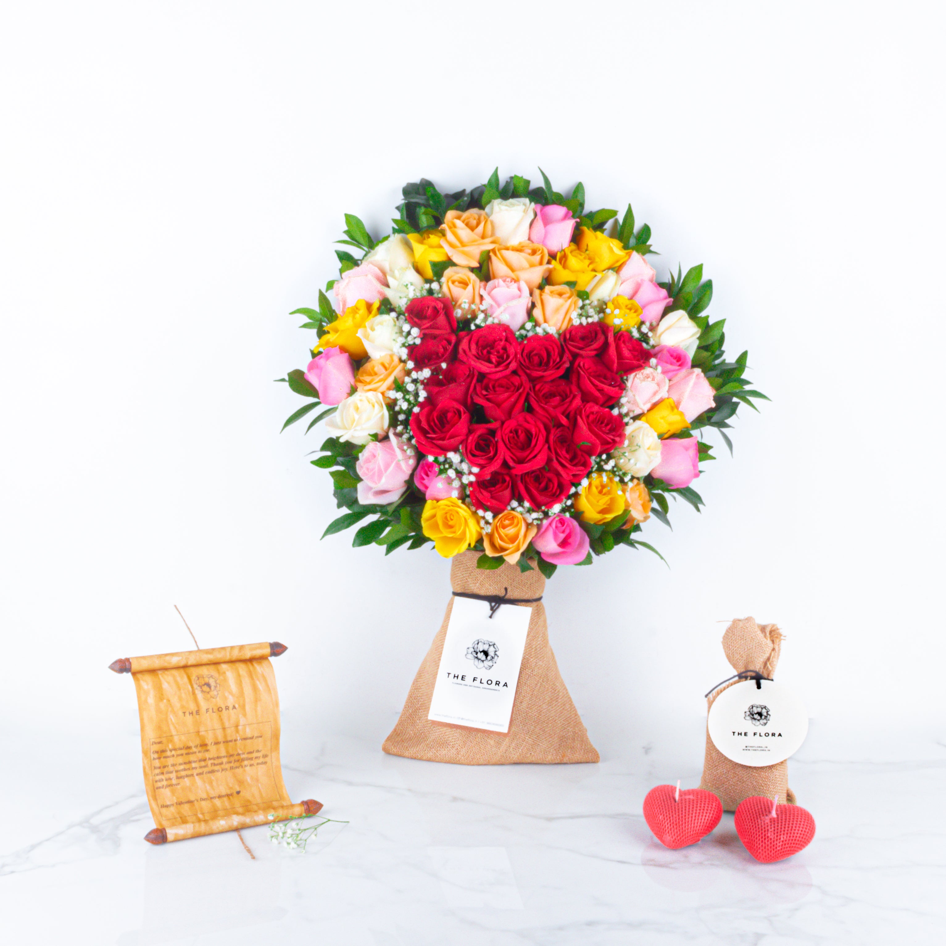 Scarlett Affair: Valentine’s Special Bouquet with Scroll Message & Heart Candles