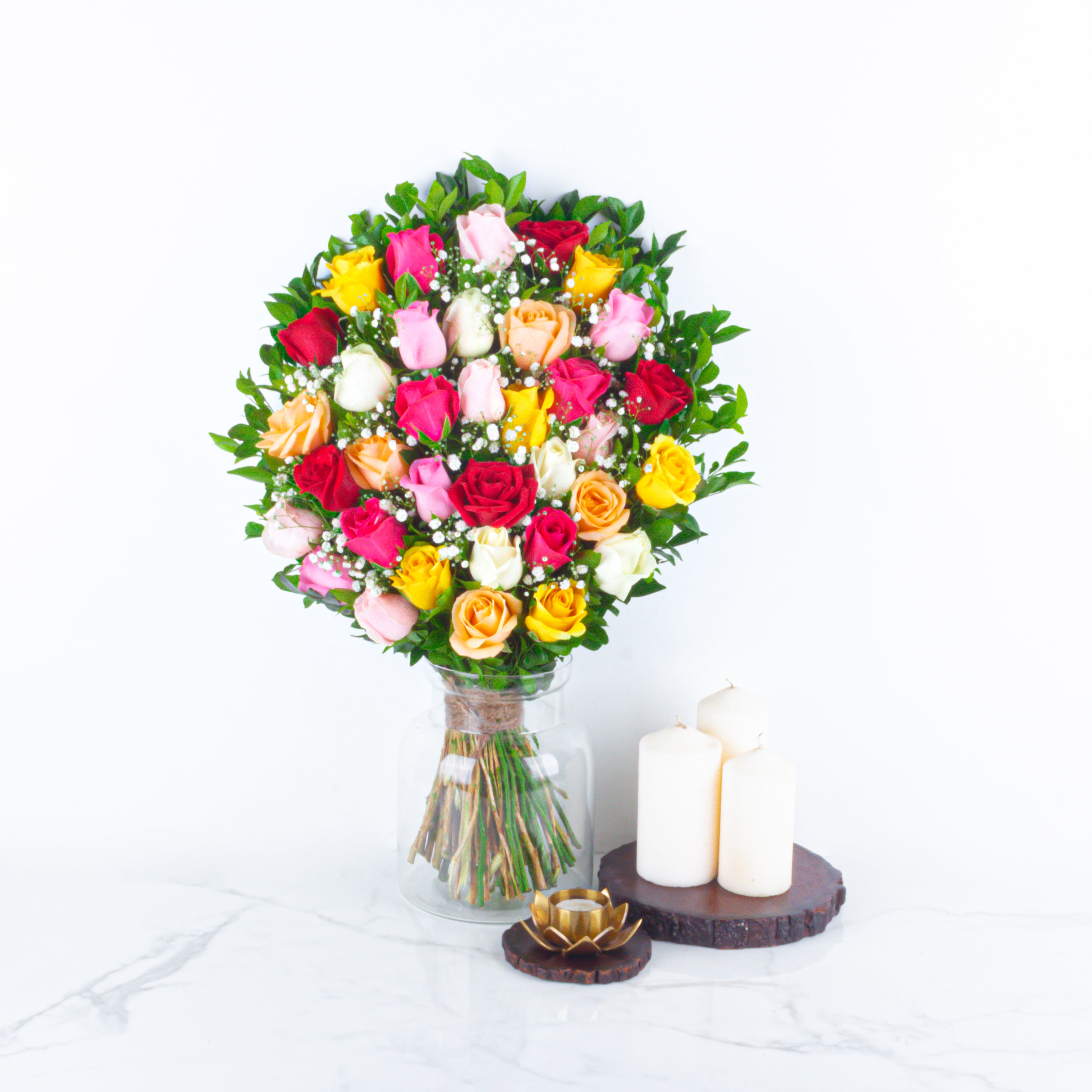 Rosy Embrace: Valentine’s Special Bouquet with Scroll Message & Heart Candles