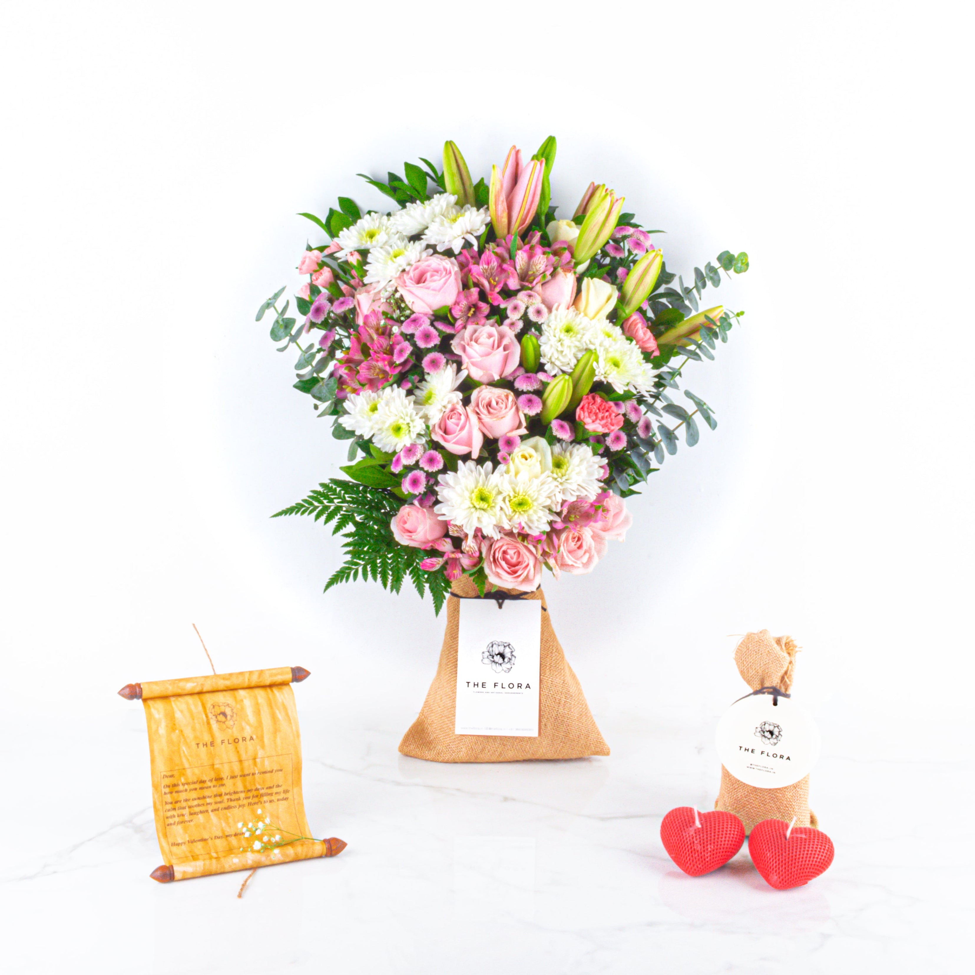 Pastel Affection: Valentine’s Special Bouquet with Scroll Message & Heart Candles