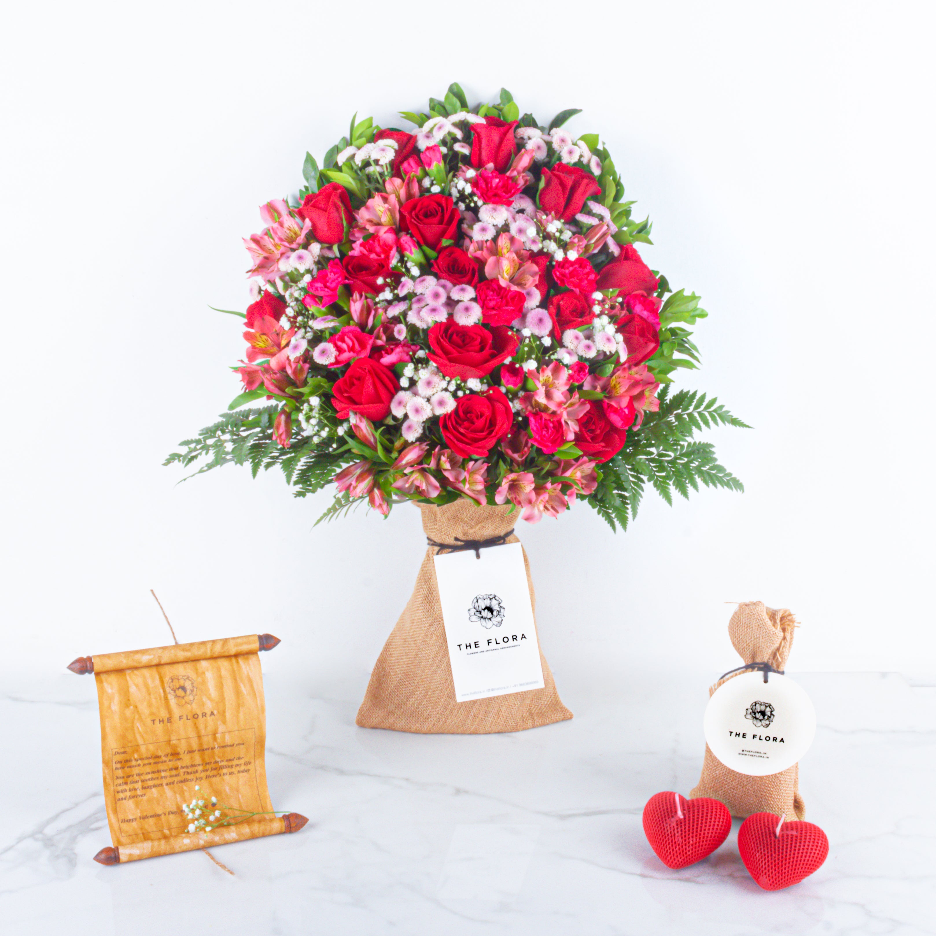 Endless love: Valentine’s Special Bouquet with Scroll Message & Heart Candles