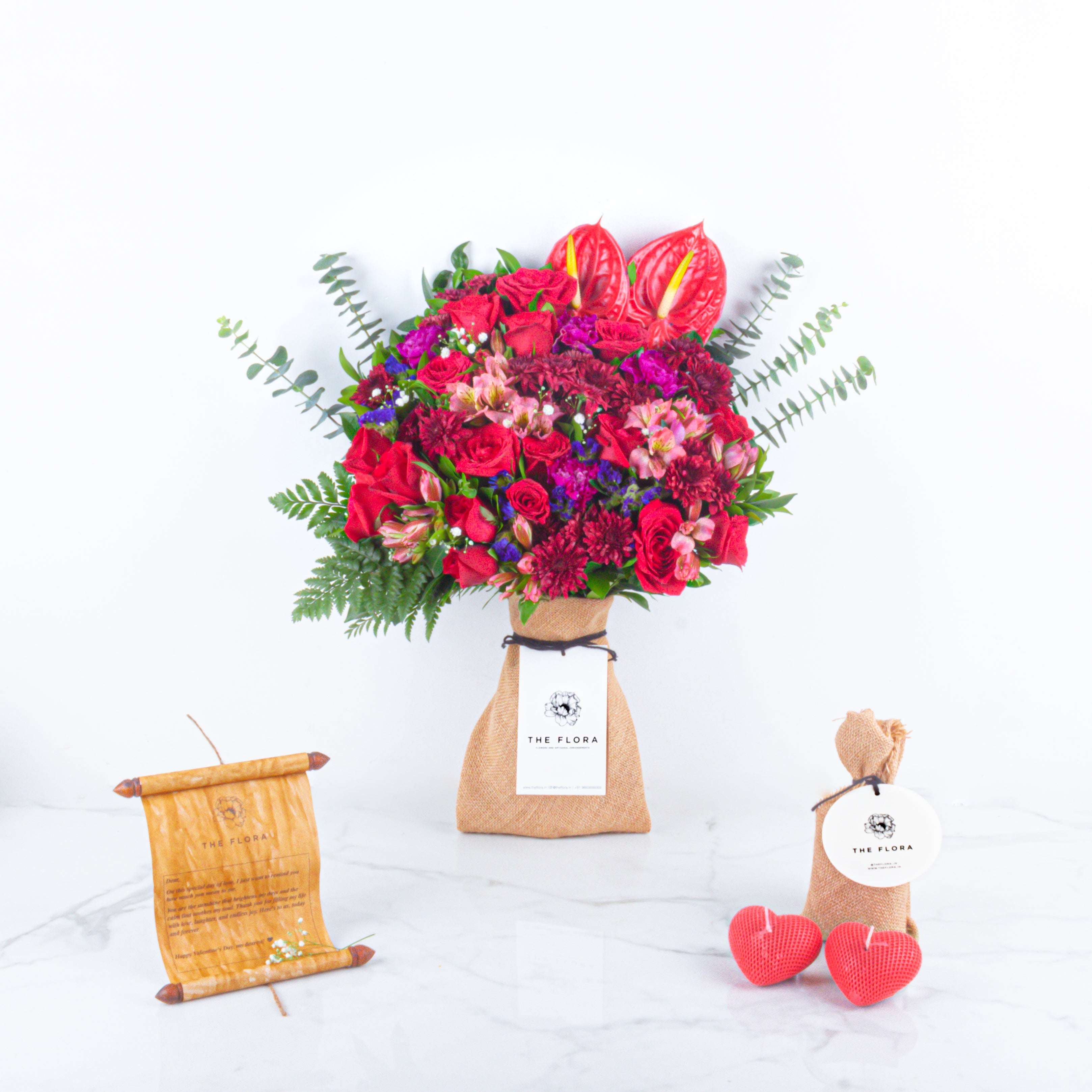 Love Confession: Valentine’s Special Bouquet with Scroll Message & Heart Candles