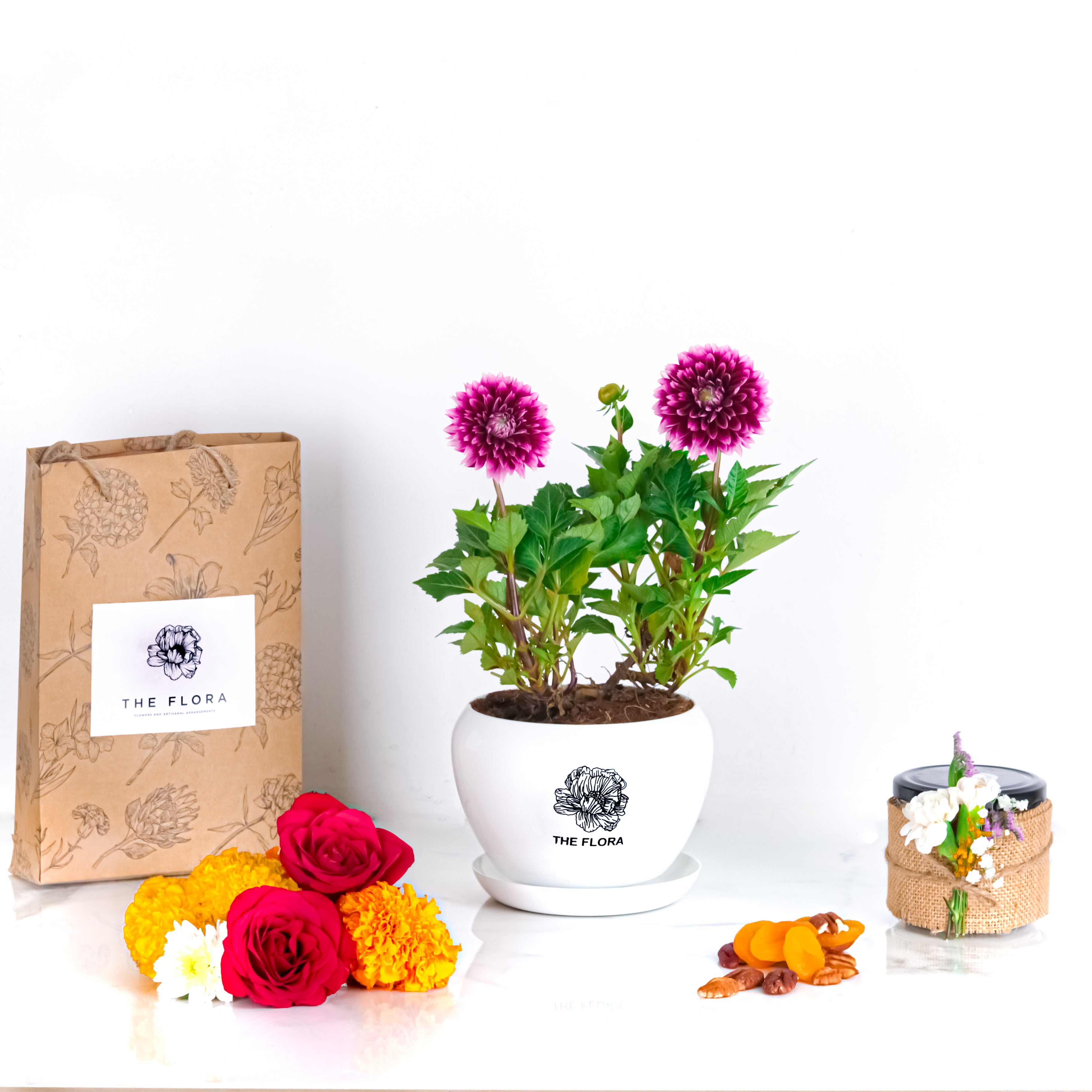 Potted Elegance (Dahlia with Puja flowers, Dried Apricots & Pecan nuts)