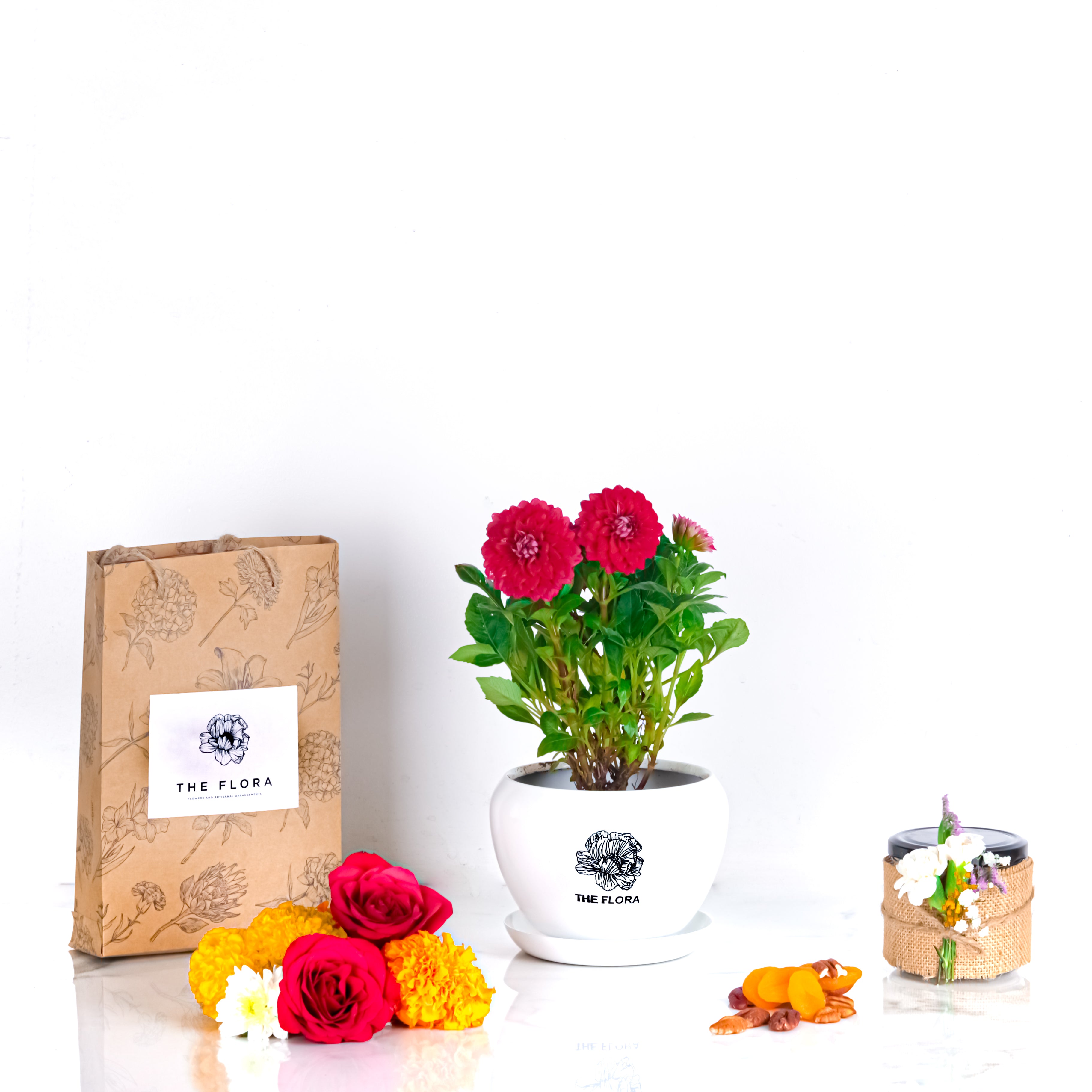 Potted Elegance (Dahlia with Puja flowers, Dried Apricots & Pecan nuts)