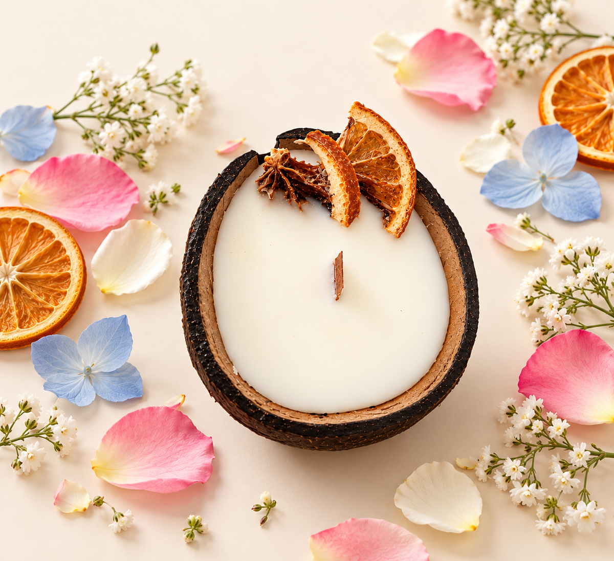 Handcrafted Fragrant Wooden Wick Orange candle in Coconut shell//Bangalore