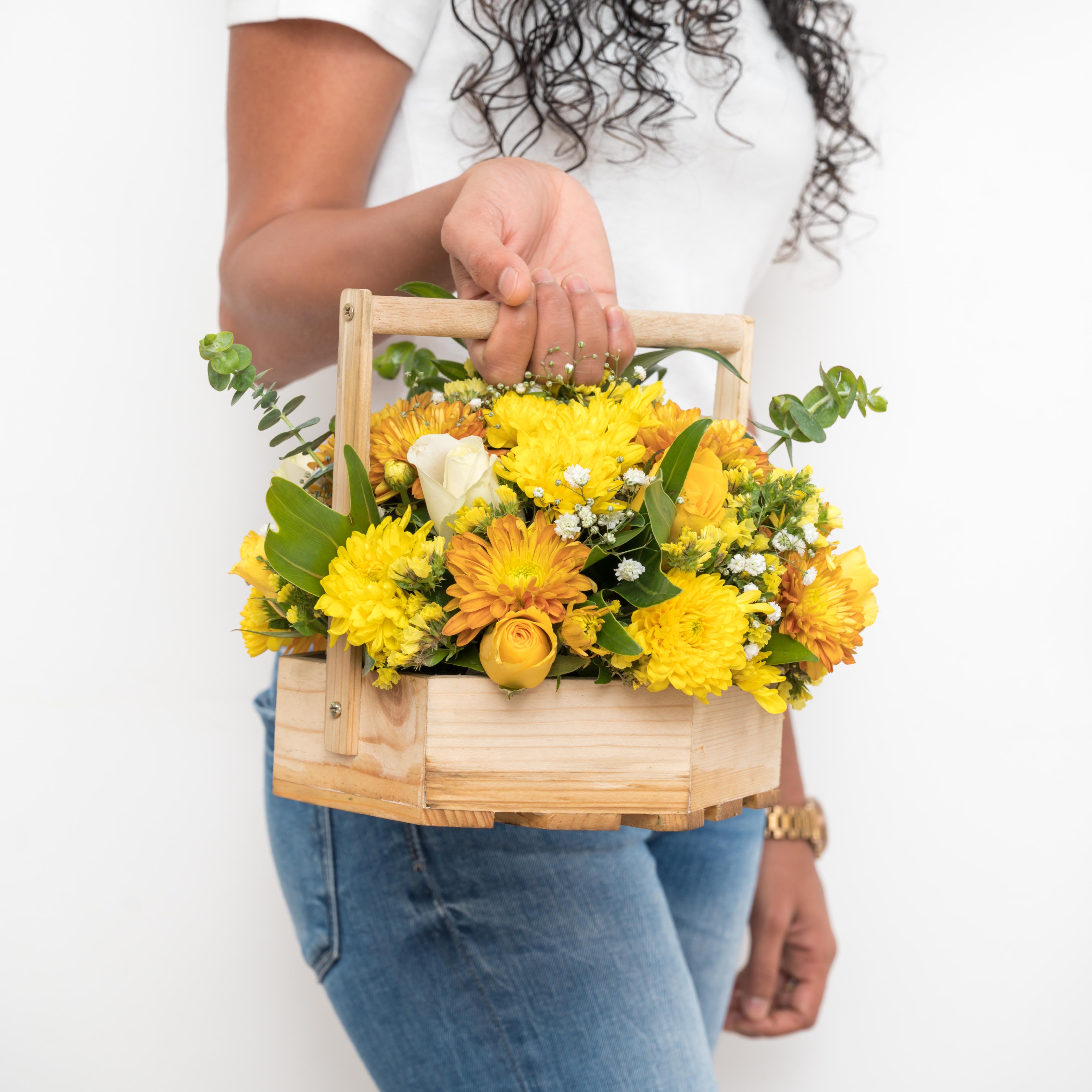 Sunlit Festivities (Floral Basket with hand-rolled Beeswax candles & Pineapple Paprika Chocolate) //Delhi