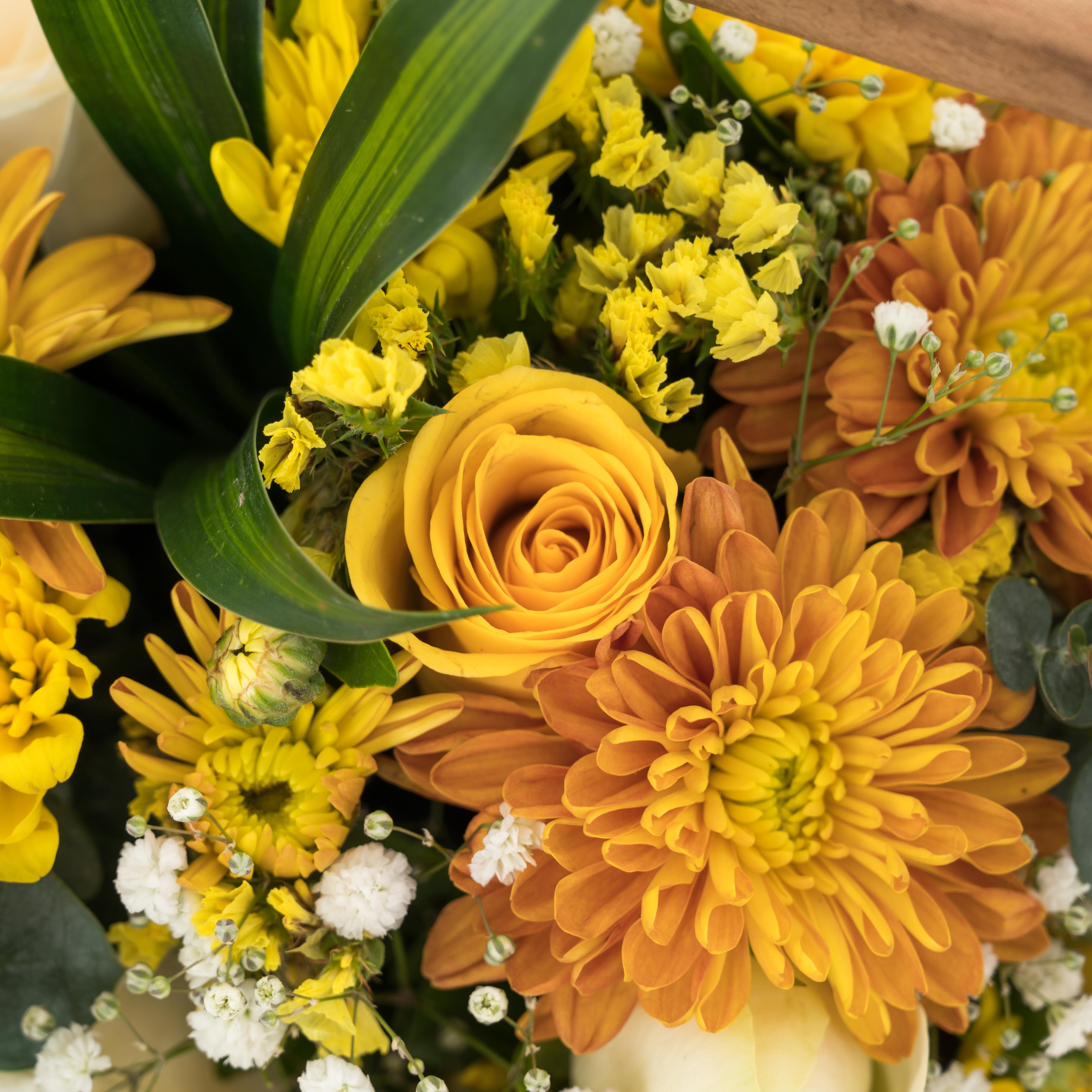 Sunlit Festivities (Floral Basket with hand-rolled Beeswax candles & Pineapple Paprika Chocolate) //Delhi