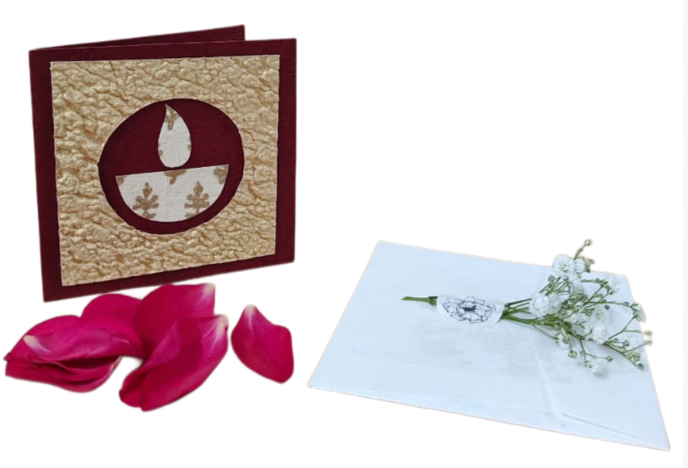 Decorative card with floral design, pink petals, and a small bouquet on a white background
