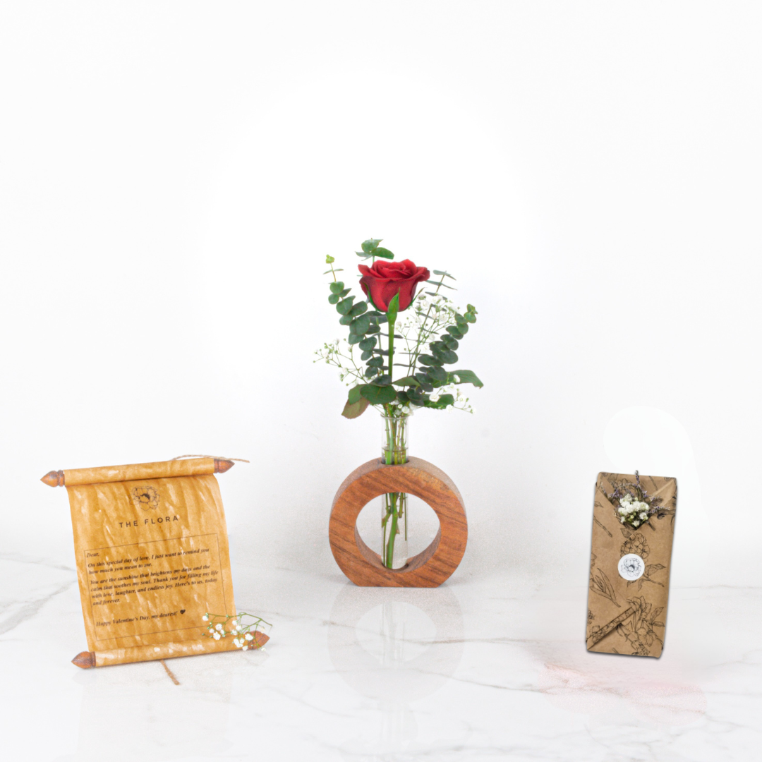 OneLove Wonder: Women's Day Special Rose in a Wooden Stand with Scroll Message & Twin Chocolates